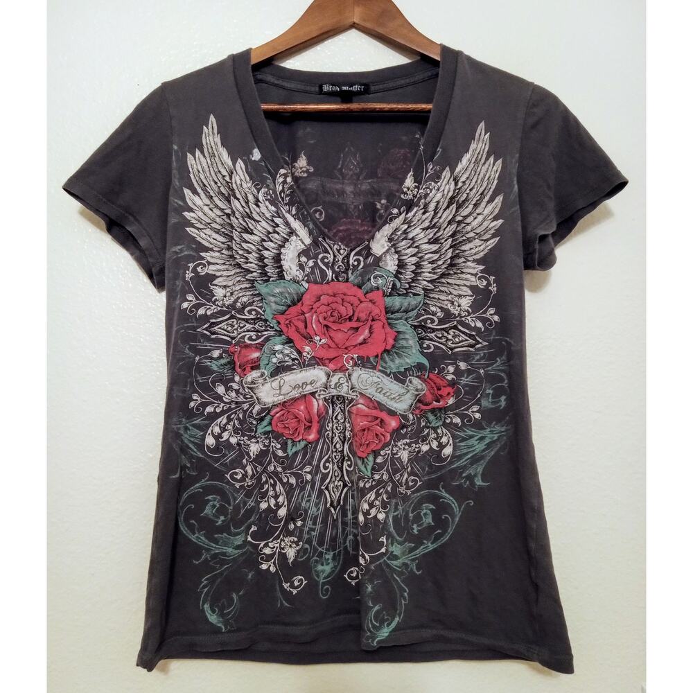 Vintage Y2K Brad Butter Winged Cross Rose Women's V-Neck Tee Ed Hardy Style SZ L